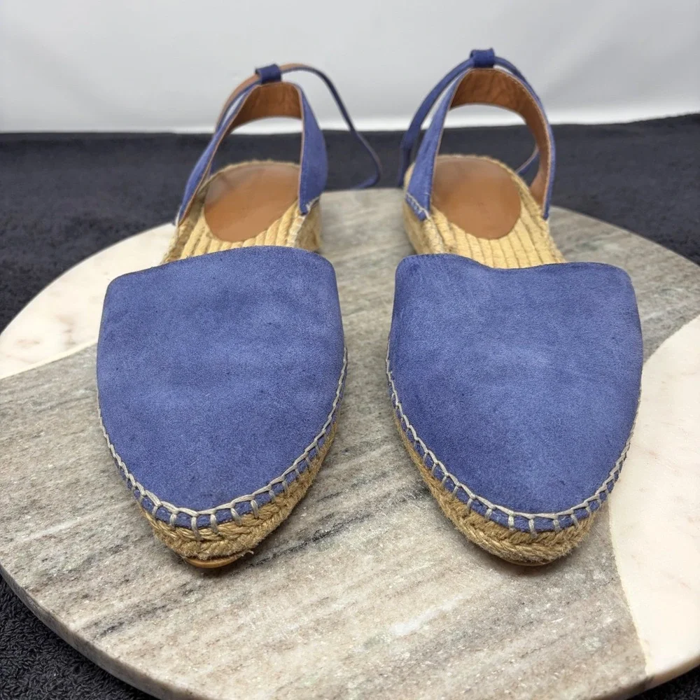 Adolfo Dominguez Blue Suede Espadrille Flats Ankle Tie Womens Sz 39 US 8.5 Coast
